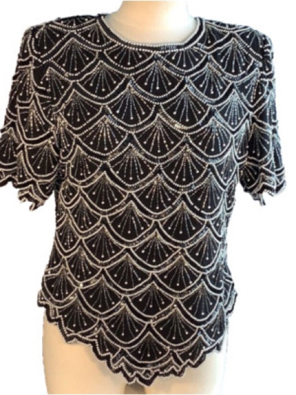 Vintage 80s Stenay Black Sequined Beaded Top Silk Shell Short Slvs Lined Size M